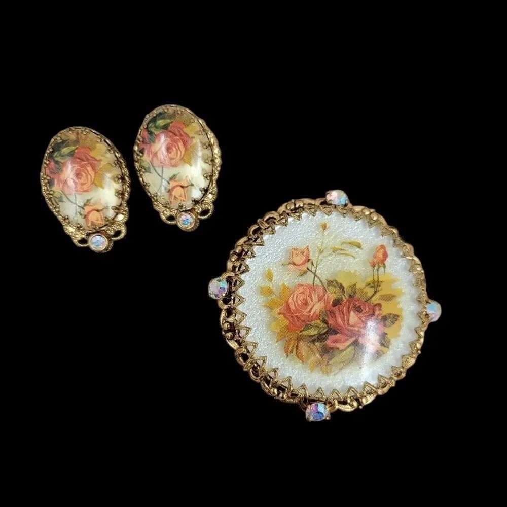 West Germany Vintage Floral Gold Filigree Jewelry Set Brooch Clip On Earrings
